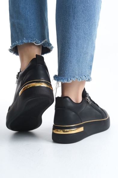DINA Bağcıklı Fermuarlı Ortopedik Taban Kadın Sneaker Spor Ayakkabı CST - Siyah/Altın