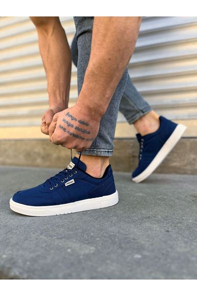 JY0118 REX Bağcıklı Keten Kumaş Erkek Günlük Sneaker Ayakkabı KBT - Lacivert