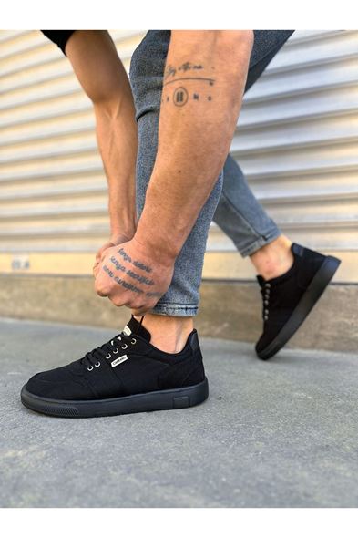 JY0118 REX Bağcıklı Keten Kumaş Erkek Günlük Sneaker Ayakkabı KST - Siyah