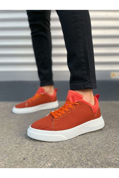 JY204 Flex Bağcıklı Keten Kumaş Erkek Günlük Sneaker Ayakkabı KBT - Turuncu