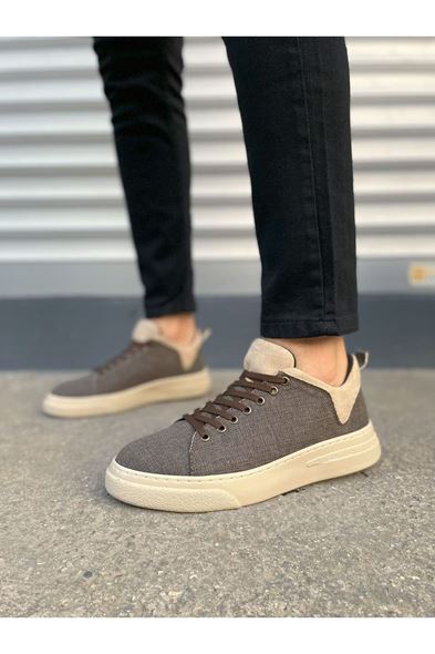 JY204 Flex Bağcıklı Keten Kumaş Erkek Günlük Sneaker Ayakkabı KKT - Kahverengi/Krem