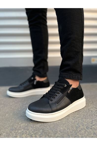 JY155 Warrior Bağcıklı ve Fermuarlı Cilt Süet Erkek Günlük Sneaker Ayakkabı CSBT - Siyah