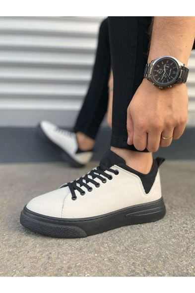 JY204 Flex Bağcıklı Keten Kumaş Erkek Günlük Sneaker Ayakkabı KST - Beyaz/Siyah
