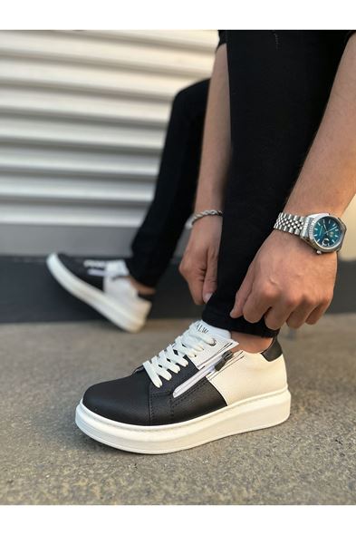JY155 Warrior Bağcıklı ve Fermuarlı Cilt Erkek Günlük Sneaker Ayakkabı CBT - Beyaz/Siyah