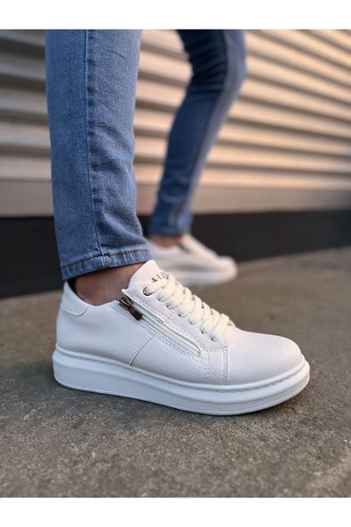 JY155 Warrior Bağcıklı ve Fermuarlı Cilt Erkek Günlük Sneaker Ayakkabı CBT - Beyaz