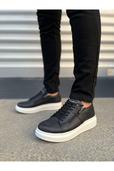 JY155 Warrior Bağcıklı ve Fermuarlı Cilt Erkek Günlük Sneaker Ayakkabı CBT - Siyah