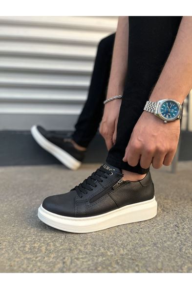 JY155 Warrior Bağcıklı ve Fermuarlı Cilt Erkek Günlük Sneaker Ayakkabı CBT - Siyah