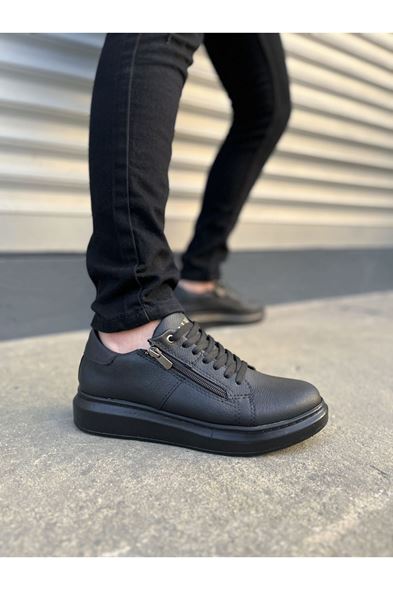 JY155 Warrior Bağcıklı ve Fermuarlı Cilt Erkek Günlük Sneaker Ayakkabı CST - Siyah