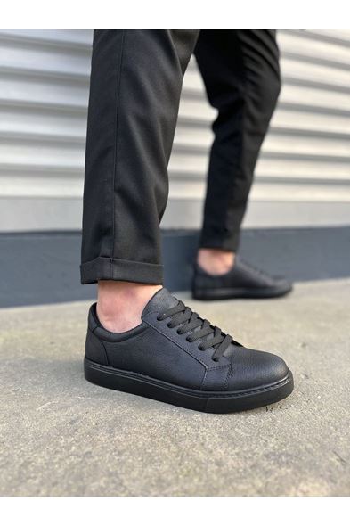 JY165 Elite Bağcıklı Cilt Erkek Günlük Sneaker Ayakkabı CST - Siyah