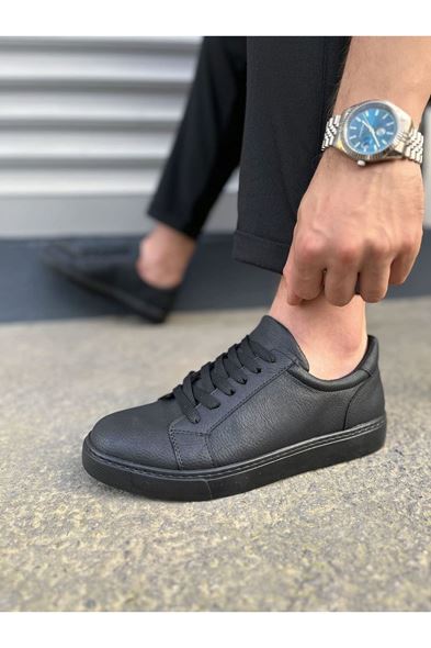 JY165 Elite Bağcıklı Cilt Erkek Günlük Sneaker Ayakkabı CST - Siyah