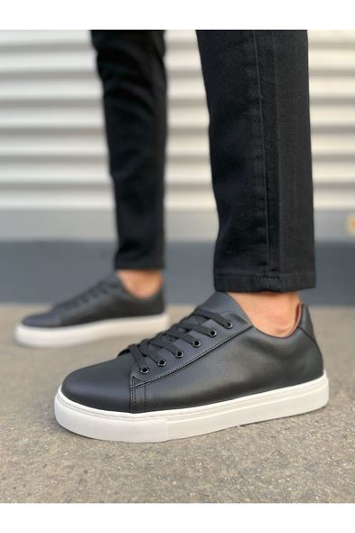 JY122 Mode Bağcıklı Cilt Erkek Günlük Sneaker Ayakkabı CBT - Siyah