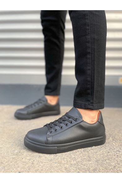 JY122 Mode Bağcıklı Cilt Erkek Günlük Sneaker Ayakkabı CST - Siyah