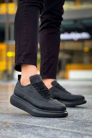 JY814 Axel Bağcıklı Cilt Erkek Günlük Sneaker Ayakkabı CST Siyah