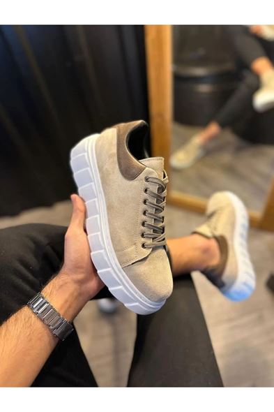 JY144 Volt Bağcıklı Süet Erkek Günlük Sneaker Yüksek Taban Ayakkabı SBT Krem