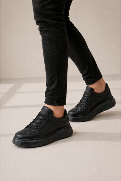 JY507 Dara Bağcıklı Cilt Erkek Günlük Sneaker Ayakkabı CST Siyah