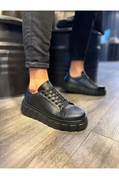 JY144 Volt Bağcıklı Cilt Erkek Günlük Sneaker Yüksek Taban Ayakkabı CST Siyah