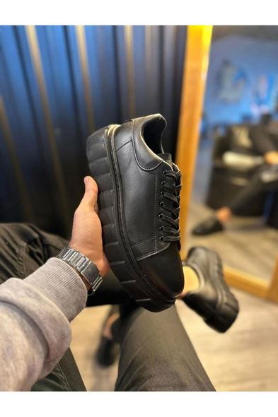 JY144 Volt Bağcıklı Cilt Erkek Günlük Sneaker Yüksek Taban Ayakkabı CST Siyah