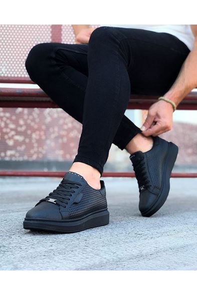 JY01 Bront Bağcıklı Cilt Delikli Erkek Günlük Sneaker Ayakkabı CST Siyah