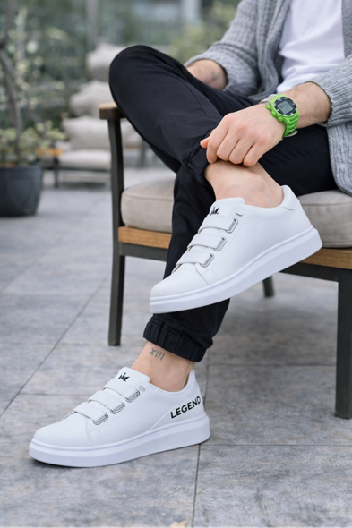 JY029 Mono Bağcıksız 3 Bantlı Lastikli Legend Cilt Erkek Günlük Sneaker Ayakkabı CBT - Beyaz