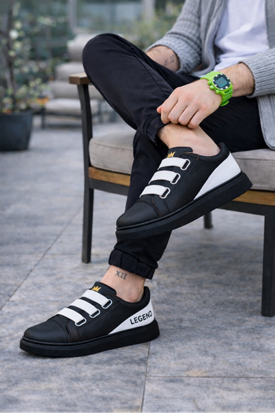 JY029 Mono Bağcıksız 3 Bantlı Lastikli Legend Cilt Erkek Günlük Sneaker Ayakkabı CST - Siyah/Beyaz