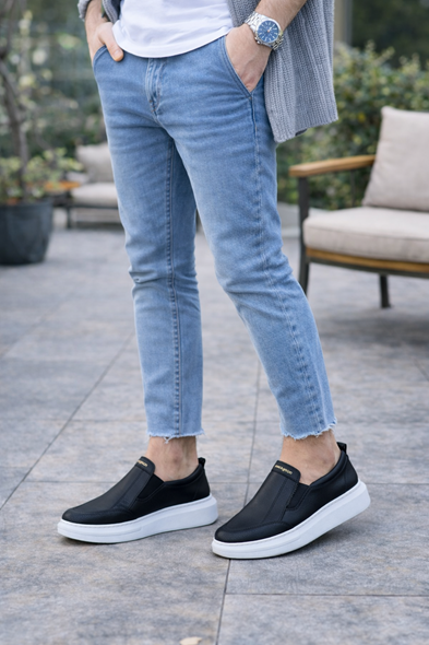 JY049 Ease Bağcıksız Erkek Günlük Cilt Spor Sneaker Ayakkabı CBT - Siyah