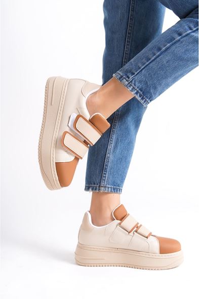 VALENCIA Bağcıksız Cırt Cırtlı Ortopedik Taban Kadın Sneaker Spor Ayakkabı CTT - Ten/Kahve