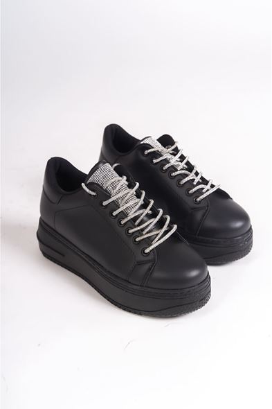 DELLA Bağcıklı Ortopedik Taban Taşlı Kadın Sneaker Spor Ayakkabı CST - Siyah