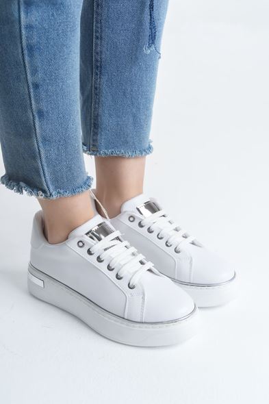 MINA Bağcıklı Ortopedik Taban Kadın Sneaker Spor Ayakkabı CBT - Beyaz/Gümüş