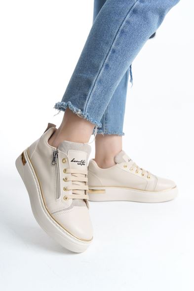 DINA Bağcıklı Fermuarlı Ortopedik Taban Kadın Sneaker Spor Ayakkabı CKT - Krem/Altın