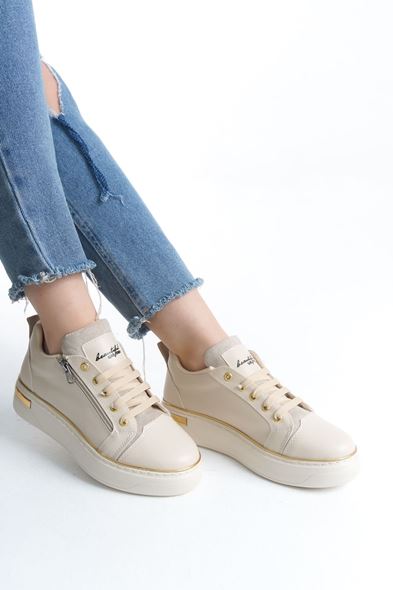 DINA Bağcıklı Fermuarlı Ortopedik Taban Kadın Sneaker Spor Ayakkabı CKT - Krem/Altın