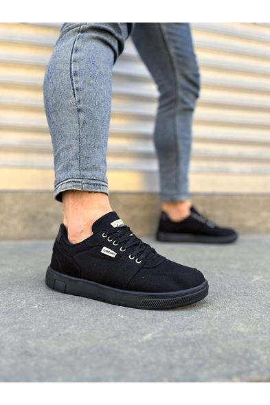 JY0118 REX Bağcıklı Keten Kumaş Erkek Günlük Sneaker Ayakkabı KST - Siyah