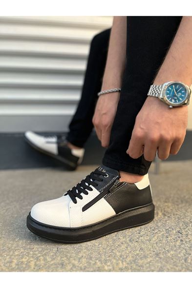 JY155 Warrior Bağcıklı ve Fermuarlı Cilt Erkek Günlük Sneaker Ayakkabı CST - Siyah/Beyaz