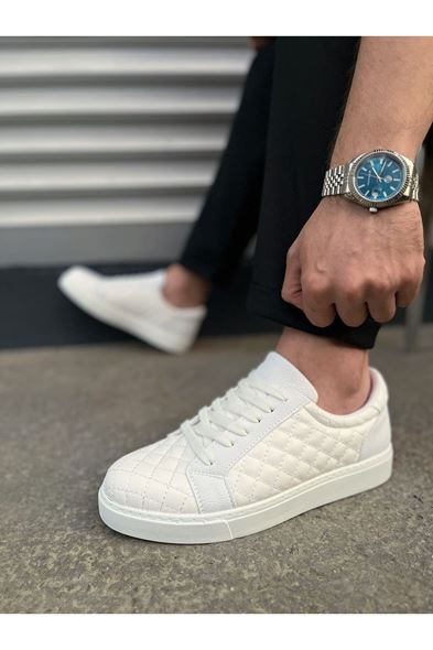 JY166 Prestige Bağcıklı Cilt Kapitone Desenli Erkek Günlük Sneaker Ayakkabı CBT - Beyaz
