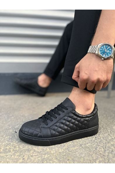 JY166 Prestige Bağcıklı Cilt Kapitone Desenli Erkek Günlük Sneaker Ayakkabı CST - Siyah