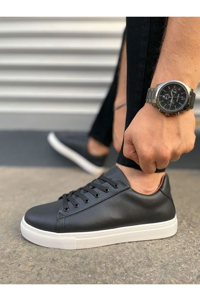JY122 Mode Bağcıklı Cilt Erkek Günlük Sneaker Ayakkabı CBT - Siyah