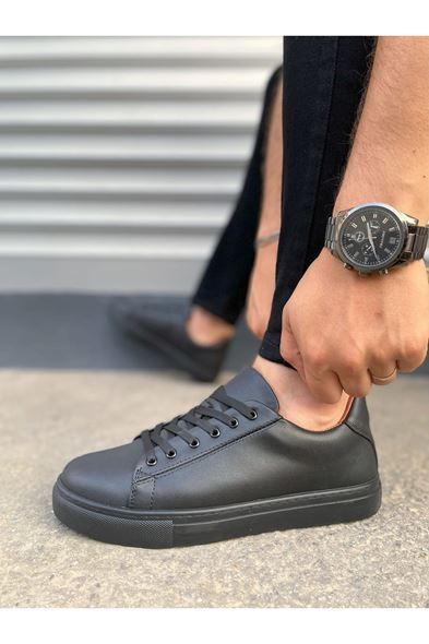 JY122 Mode Bağcıklı Cilt Erkek Günlük Sneaker Ayakkabı CST - Siyah