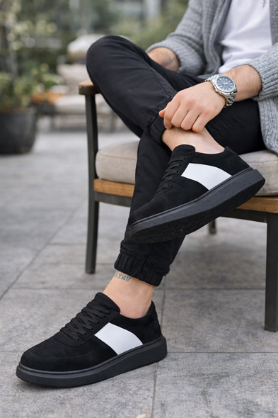 JY011 Line Erkek Günlük Bağcıklı Süet Spor Sneaker Ayakkabı SST - Siyah/Beyaz