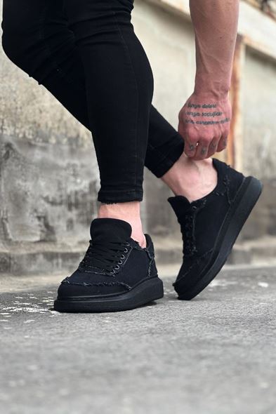 JY018 Dexo Erkek Günlük Bağcıklı Kot Kumaş Spor Sneaker Ayakkabı TST - Siyah