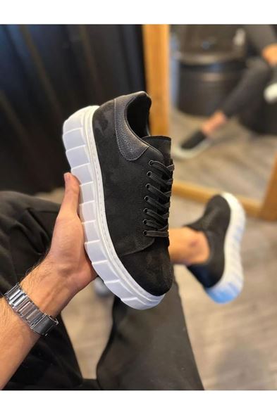 JY144 Volt Bağcıklı Süet Erkek Günlük Sneaker Yüksek Taban Ayakkabı SBT Siyah