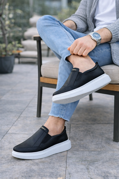 JY049 Ease Bağcıksız Erkek Günlük Cilt Spor Sneaker Ayakkabı CBT - Siyah