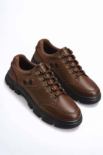 JY1909 Carlo Bağcıklı Fermuarlı Hakiki Deri Erkek Günlük Klasik Ayakkabı DST - Taba