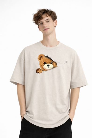 CH - Bear Baskılı Oversize Tişört BEJ