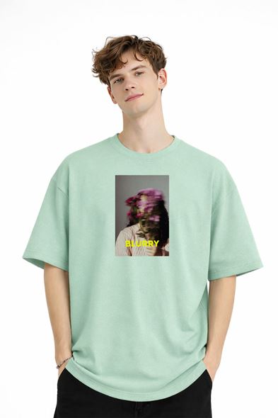 Blurry - Oversize Erkek Tişört SU YESILI