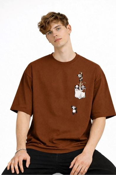 Panda - Baskılı Oversize Tişört KAHVE
