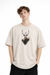 Deer - Oversize Erkek Tişört BEJ