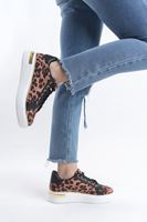 MINA Bağcıklı Ortopedik Taban Leopar Desenli Kadın Sneaker Spor Ayakkabı TBT - Kahverengi