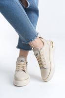DINA Bağcıklı Fermuarlı Ortopedik Taban Kadın Sneaker Spor Ayakkabı CKT - Krem/Altın