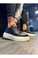 JY144 Volt Bağcıklı Cilt Erkek Günlük Sneaker Yüksek Taban Ayakkabı CBT Siyah