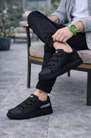 JY029 Mono Bağcıksız 3 Bantlı Lastikli Legend Cilt Erkek Günlük Sneaker Ayakkabı CST - Siyah