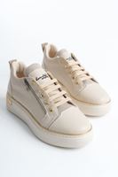 DINA Bağcıklı Fermuarlı Ortopedik Taban Kadın Sneaker Spor Ayakkabı CKT - Krem/Altın